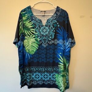 Catherine’s Tropical Blue and Green Women's Short Sleeve Top, Size 0X